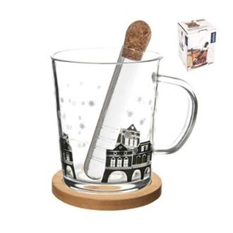 Hrnek sklo/bambus podšálek+infuzér DOMKY 0,42 l O0270