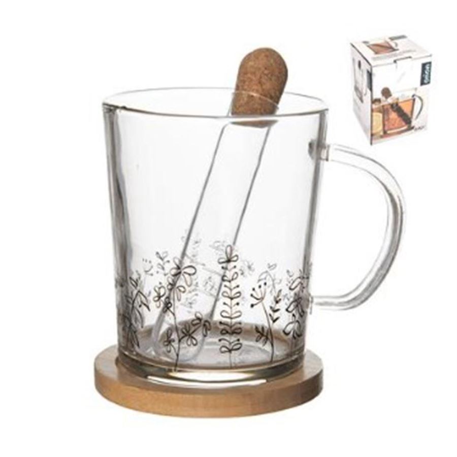 Hrnek sklo/bambus podšálek+infuzér LOUKA 0,42 ll O0271