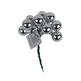 Skleněné baňky na drátku, stříbrná lesklá, pr. 2 cm, 12 ks, S0570-28/L 