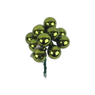 Skleněné baňky na drátku, tm.zelená lesklá, pr.2,5 cm, 12 ks, S0571-16/L 